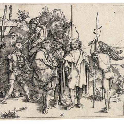 Albrecht Dürer — Пятеро ланскенцев и ориентал верхом на лошадях (Б. 88; М., Зал. 81; С.М.С. 4)