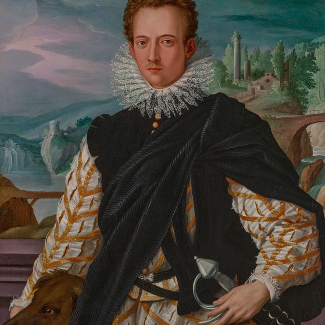 Alessandro Allori — Портрет джентльмена, возможно, дона Антонио Медичи (1576-1621), в полный рост, на фоне пейзажа