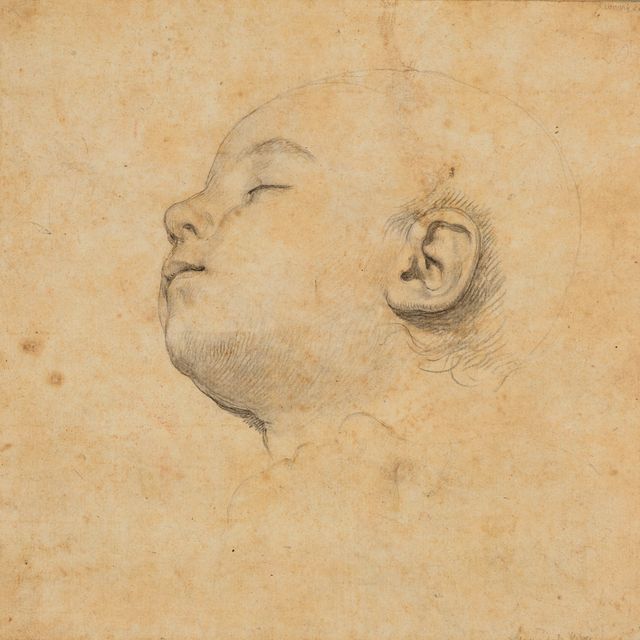 Alessandro Allori — Голова спящего ребенка с другим , более бледным рисунком внизу (справа) ; и портретный бюст женщины (оборотная сторона)