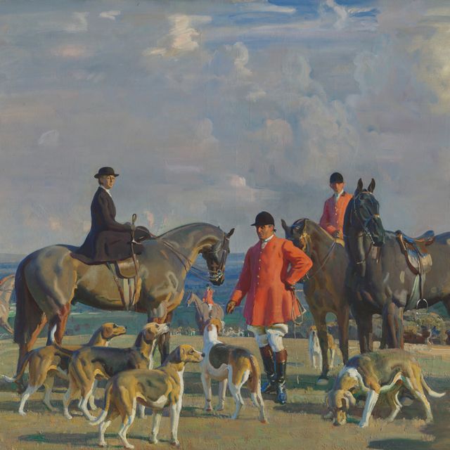 Alfred James Munnings — Джон Дж. Моубрей, мастер фоксхаундов, спешился со своей женой и двумя конными фигурами вместе с гончими Бедейла на фоне пейзажа