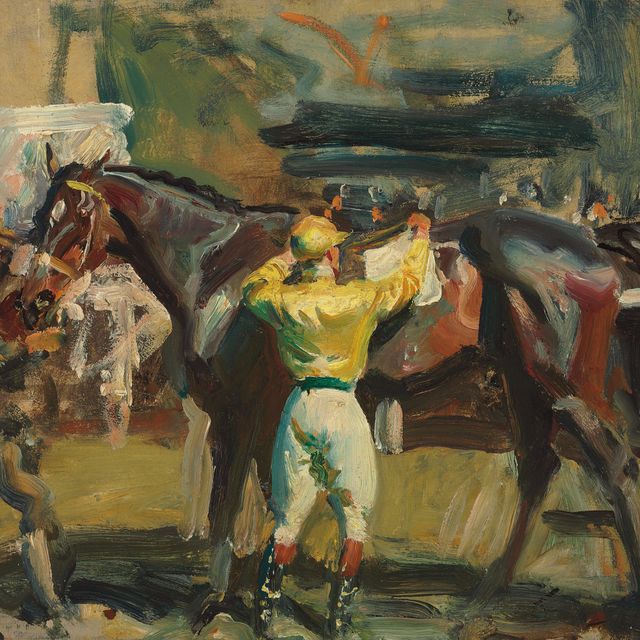 Alfred James Munnings — Жокей в желтом, расседлывающий Темно-гнедую лошадь
