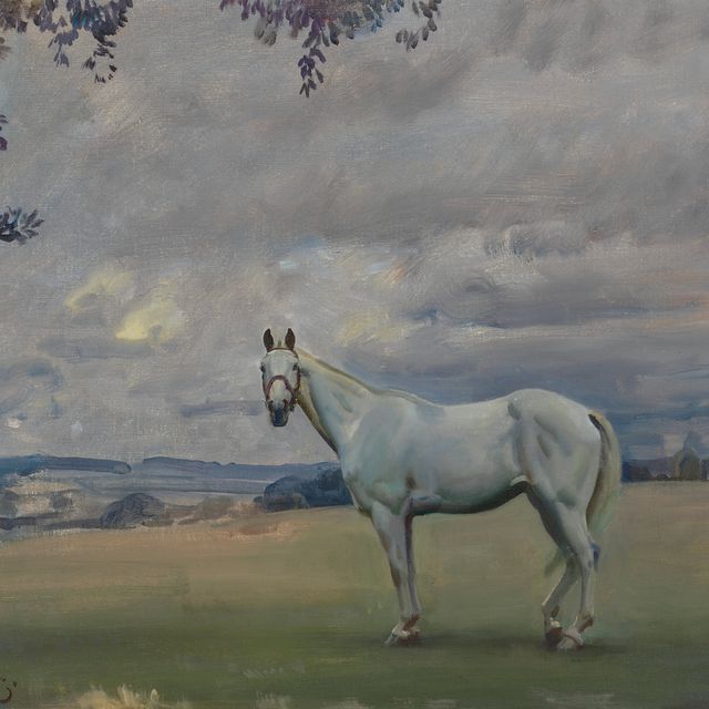 Alfred James Munnings — Серый охотник на обширном ландшафте (справа); Этюд для обширного ландшафта (сзади)