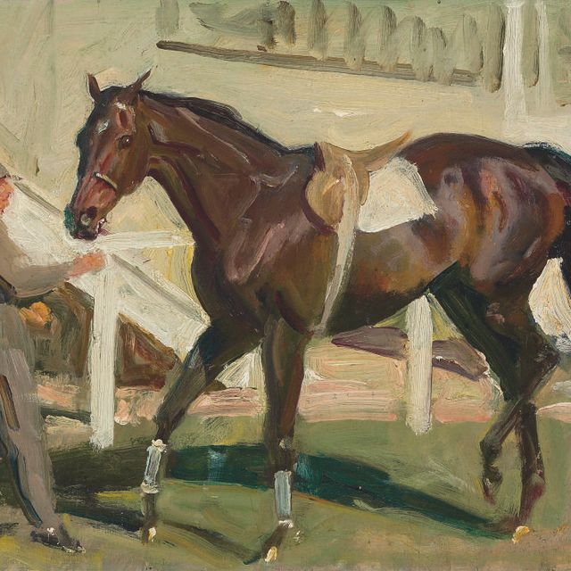 Alfred James Munnings — В вольере для расседлывания лошадей в Эпсоме