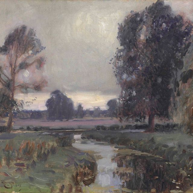 Alfred James Munnings — Пастораль из Саффолка - река Голубка и далекое клеверное поле.