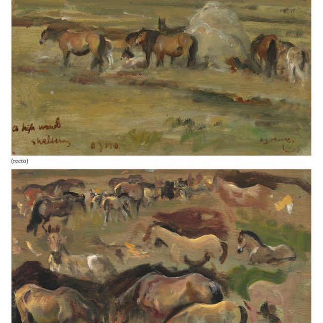 Alfred James Munnings — "Сильный ветер", Эксмур (справа); и "Этюды об эксмурских пони" (сзади)