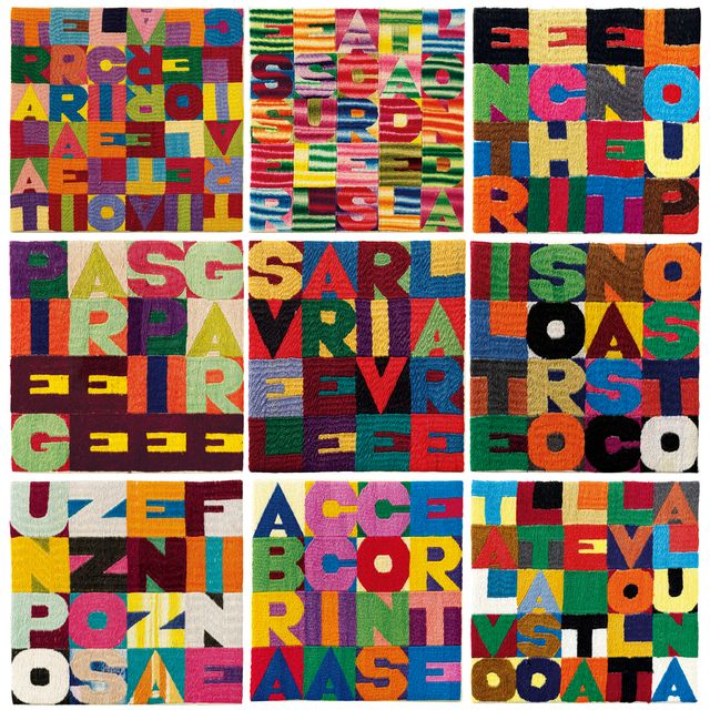 Alighiero Boetti — (i) "Тра иль сьело и ла терра", "тра иль терра иль сьело" (Между небом и Землей, между Землей и небом), дважды подписанная "Алигьеро и Боэтти" (внахлест), вышивка на канве размером 9 ¼ x 97/8 дюймов (24 x 25 см). Эта работа, выполненная около 1987 года, зарегистрирована в Архиве Алигьеро Боэтти в Риме под № 4896 и сопровождается сертификатом подлинности. (ii) Складывать и разворачивать вышивку на канве размером 9 ¼ х 9 ¼ дюйма. (23,5 х 23,5 см.) Эта работа, выполненная около 1990 года, зарегистрирована в Архиве Алигьеро Боэтти в Риме под номером 8569 и сопровождается сертификатом подлинности. (iii) Вышивка "Un pozzo senza fine" ("Бесконечный колодец") на холсте размером 9 3/8 x 9 3/8 дюйма (24 x 24 см), выполненная около 1981 г. Эта работа зарегистрирована в архиве Алигьеро Боэтти, Рим, под № 7222 и сопровождается сертификатом подлинности. (iv) "Быть на гребне волны" (Essere sulla cresta dell'onda) с подписью, датой и надписью "Алигьеро и боэтти ПЕШАВАР ОТ афганского НАРОДА, 1990" (на обороте) вышивка на канве размером 8 5/8 x 8 ¼ дюйма (22 x 21 см) Выполнена в 1990 году. зарегистрирован в Архиве Алигьеро Боэтти, Рим, под № 4893 и сопровождается сертификатом подлинности. (v) Изящная вышивка на холсте размером 6 ½ x 6 ½ дюйма (16,5 x 16,5 см). Эта работа, выполненная около 1987 года, зарегистрирована в Архиве Алигьеро Боэтти в Риме под № 8244 и сопровождается сертификатом подлинности. (vi) Вышивка в стиле брачча консерте (со скрещенными руками) на канве размером 6 7/8 x 6 7/8 дюймов (17,5 x 17,5 см). Эта работа, выполненная около 1993 года, зарегистрирована в Архиве Алигьеро Боэтти в Риме под № 7331 и сопровождается сертификатом подлинности. (vii) Вышивка "Между собакой и волком" на канве 7 х 6,7/8 дюймов (18 х 17,5 см). Эта работа, выполненная около 1994 года, зарегистрирована в Архиве Алигьеро Боэтти в Риме под номером 8570 и сопровождается сертификатом подлинности. (viii) Вышивка "Il tesoro nascosto" ("Спрятанное сокровище") на канве размером 6 7/8 x 7 дюймов (17,5 x 18 см). Эта работа, выполненная около 1994 года, зарегистрирована в Архиве Алигьеро Боэтти в Риме под номером 8572 и сопровождается сертификатом подлинности. (ix) Вышивка Talvolta sole talvolta luna (иногда Солнце, а иногда Луна) на канве размером 8 5/8 x 8 7/8 дюймов (22 x 22,5 см). Эта работа, выполненная около 1994 года, зарегистрирована в Архиве Алигьеро Боэтти в Риме под номером 8571 и сопровождается сертификатом подлинности.