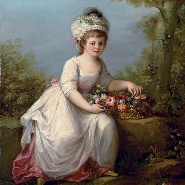 Angelica Kauffmann — Портрет молодой девушки в полный рост, сидящей в белом платье с корзиной цветов, на фоне пейзажа