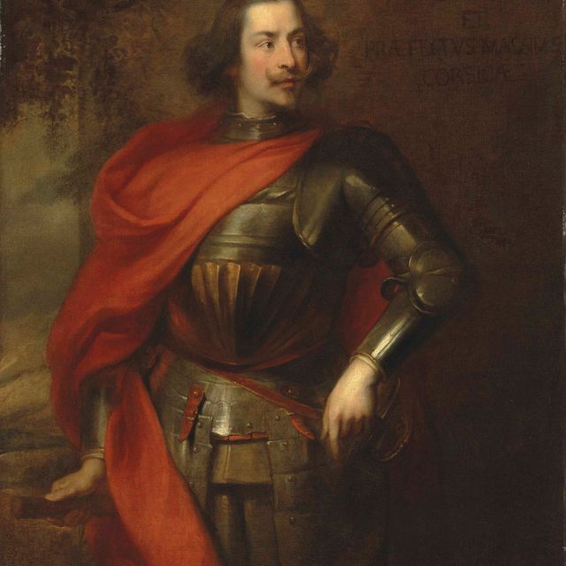 Anthony van Dyck — Портрет Паоло Грегорио Раджи в три четверти роста, в доспехах и красном плаще, левая рука покоится на рукояти меча, за окном лесистый пейзаж.
