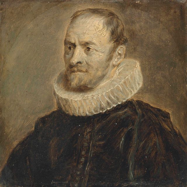 Anthony van Dyck — Портрет Николаса Рококса (1560-1640), в полный рост, в черном сюртуке с белым воротником