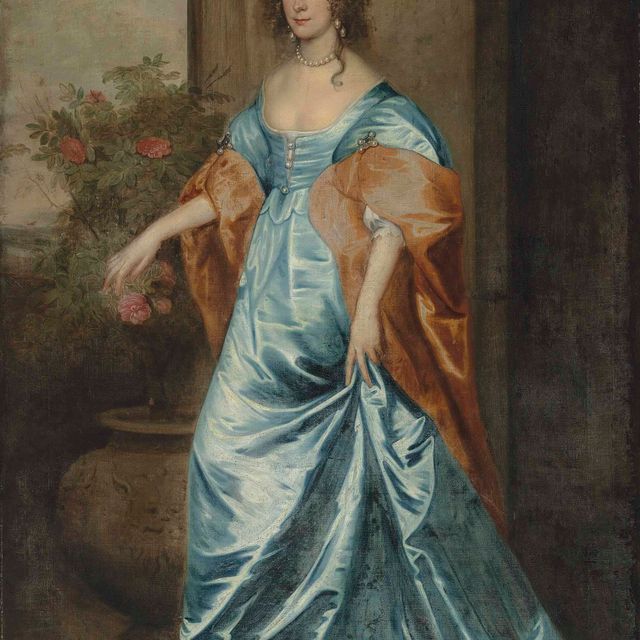 Anthony van Dyck — Портрет дамы в полный рост, в голубом атласном платье с оранжевой накидкой, рядом с кустом роз в каменной урне, ее правая рука касается розы
