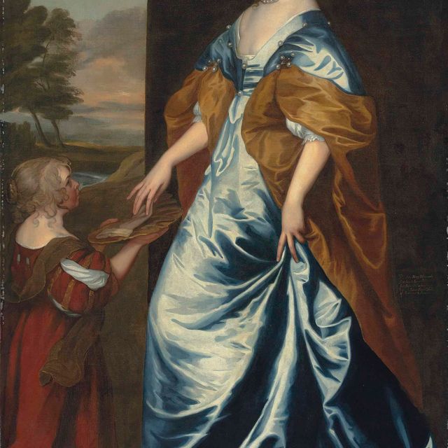 Anthony van Dyck — Портрет Мэри Вильерс (1622-1685), леди Герберт, впоследствии герцогини Леннокс и Ричмонд, в полный рост, в голубом шелковом платье с жемчужными украшениями и шали цвета ржавчины, со своей служанкой Энн Шепард в красном платье, держащей поднос с перчатками, на фоне пейзажа