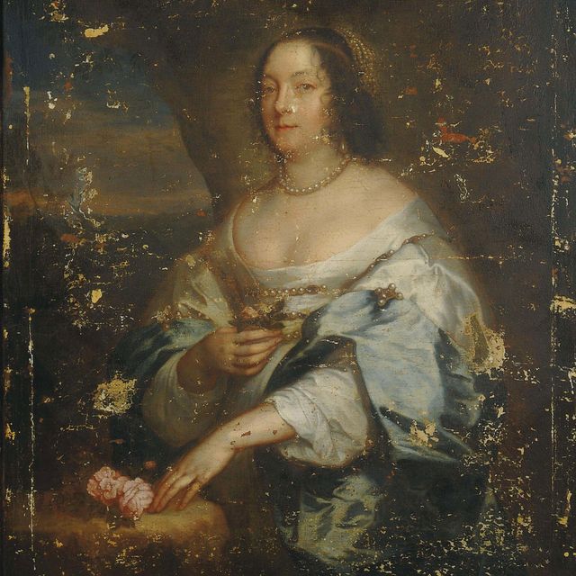 Anthony van Dyck — Портрет Дианы Сесил, графини Оксфорд, стоящей в три четверти роста, в белом шелковом платье с голубой накидкой, с жемчужными серьгами и ожерельем, с цветком в правой руке.