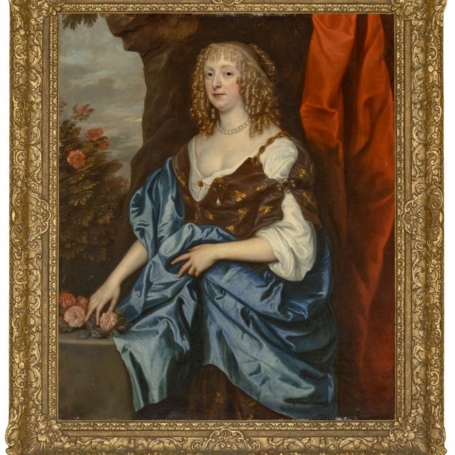 Anthony van Dyck — Портрет Кэтрин Мюррей, впоследствии графини Дайсарт, урожденной Брюс (ум. в 1649 году), в три четверти роста, в коричневом вышитом платье с голубой драпировкой, с цветами в руках, на фоне скалистого пейзажа