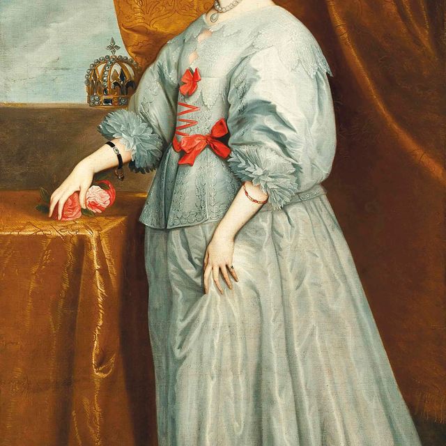 Anthony van Dyck — Портрет королевы Генриетты Марии (1609-1669), в полный рост, в голубом платье с красными лентами, с жемчужным ожерельем и серьгами