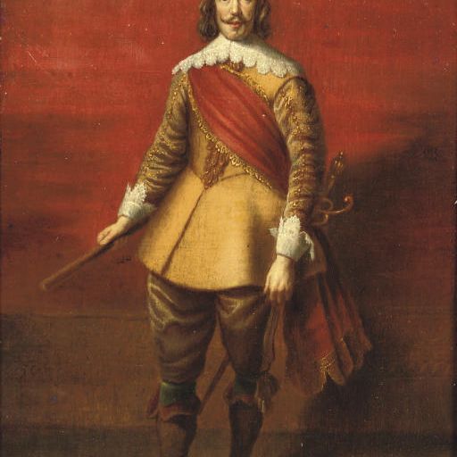 Anthony van Dyck — Портрет дворянина в полный рост, в желтом костюме, расшитом золотом, с кружевными манжетами и воротником и красным кушаком