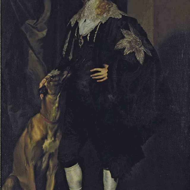 Anthony van Dyck — Портрет Джеймса Стюарта, 4-го герцога Леннокса и 1-го герцога Ричмонда (1612-1655), в полный рост, в черном цвете, со звездой и подвязкой ордена Подвязки и Георгием Победоносцем на голубой ленте, со своей собакой, в интерьере, за задрапированным занавесом