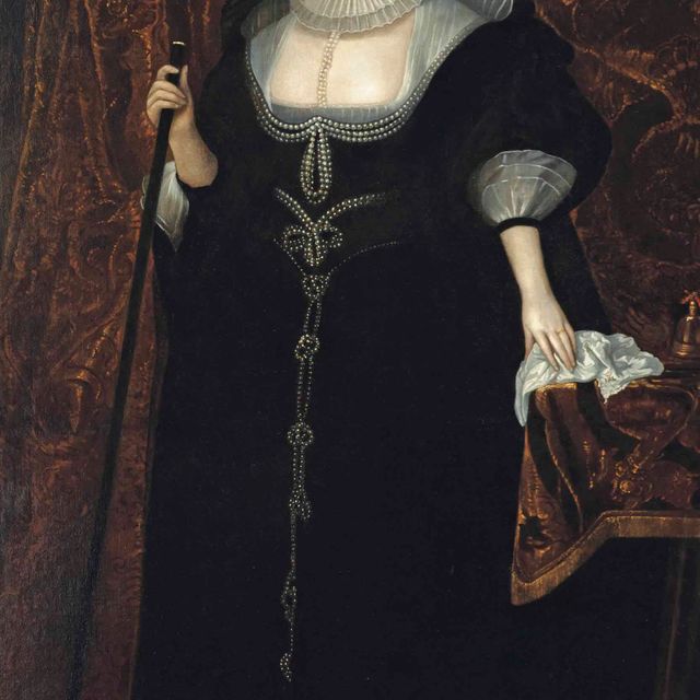 Anthony van Dyck — Портрет Фрэнсис Стюарт, герцогини Ричмонд и Леннокс (1578-1639), в полный рост, в черном платье, украшенном жемчугом, с жемчугом в волосах, салфеткой в левой руке и жезлом в правой.