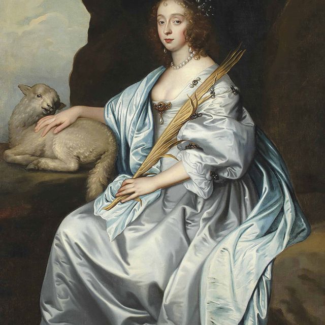 Anthony van Dyck — Портрет леди Мэри Вильерс (1622-1685), леди Герберт, позже герцогини Ленноксской и Ричмондской, в полный рост, сидящей на фоне пейзажа в образе святой Агнессы, в шелковом платье, ее правая рука опирается на ягненка, а в левой руке пальмовая ветвь.
