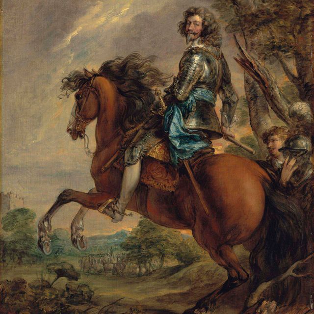 Anthony van Dyck — Конный портрет Альберта, герцога Аренбергского, принца Барбонсонского (1600-1674), в доспехах, с синим поясом, на фоне лесистого пейзажа и поля битвы за ним, по мотивам сэра Энтони ван Дейка.