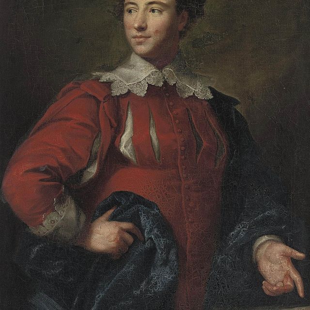 Anton Raphael Mengs — Портрет Чарльза Макдоннелла (1736-1773), в полный рост, в костюме Ван Дейка, указывающего на бумаги на каменном выступе