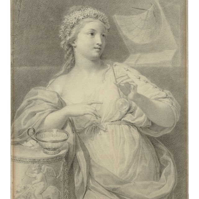 Anton Raphael Mengs — Греческая танцовщица: молодая девушка, прислонившаяся к классическому постаменту, окруженная атрибутами, намекающими на быстротечность жизни