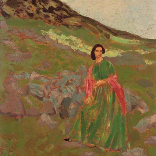 Augustus John — Дорелия в зеленом платье и красном шарфе на склоне холма