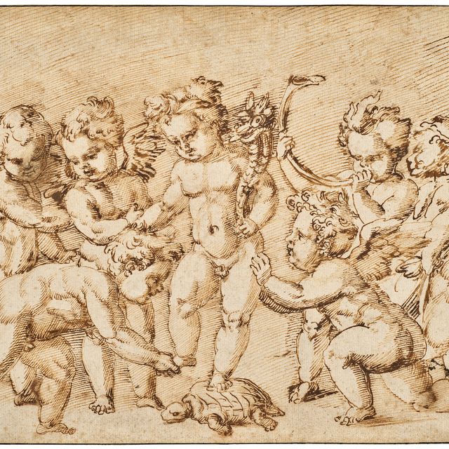Baccio Bandinelli — Путто, держащий рог изобилия и наступающий на черепаху, окруженный группой стоящих путти, играющих на музыкальных инструментах