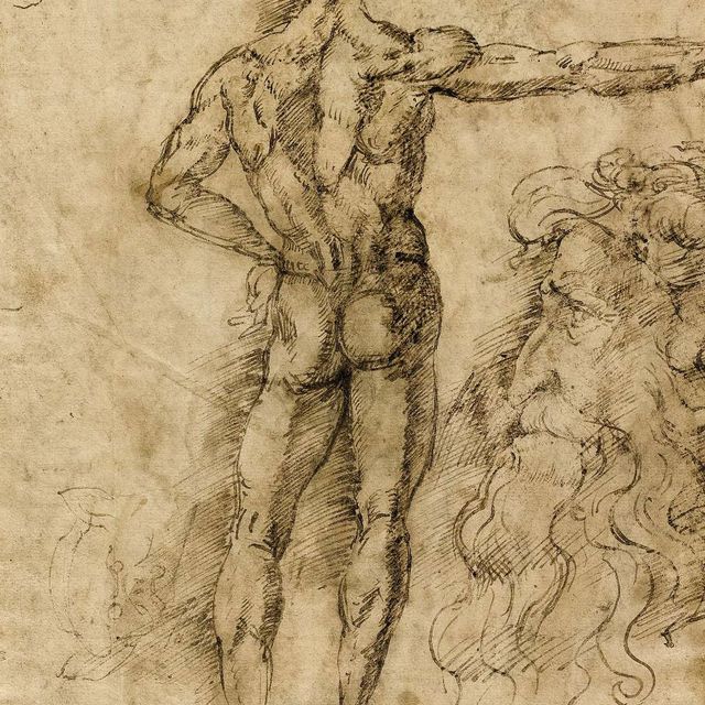 Baccio Bandinelli — Обнаженный мужчина, стоящий сзади, и мужской профиль (спереди ); два рисовальщика и скульптор ( сзади )