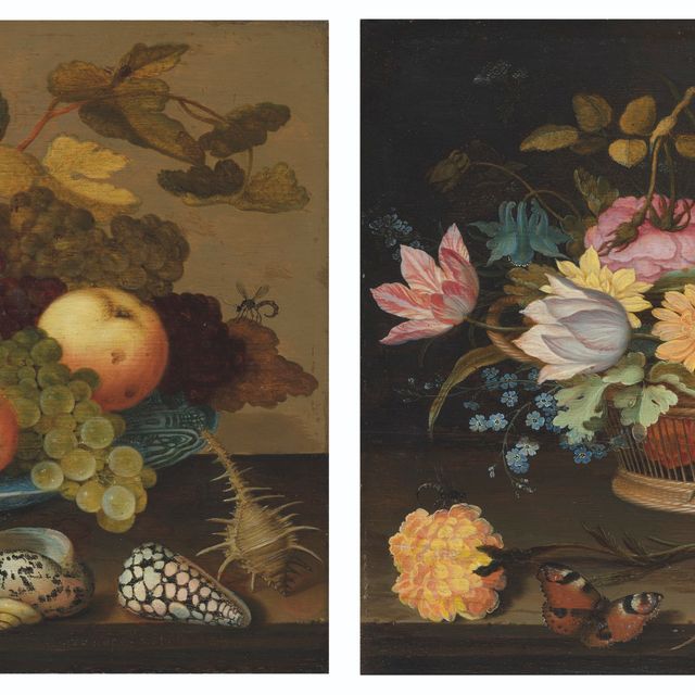 Balthasar Van Der Ast — Фрукты в фарфоровом блюде wan-li на столе; Цветы в плетеной корзине на столе
