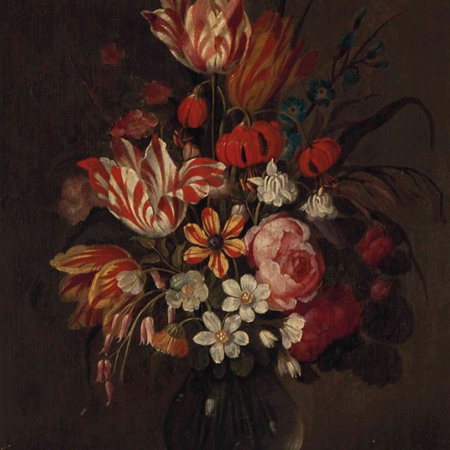 Balthasar Van Der Ast — Натюрморт с тюльпанами и гвоздиками в стеклянной вазе