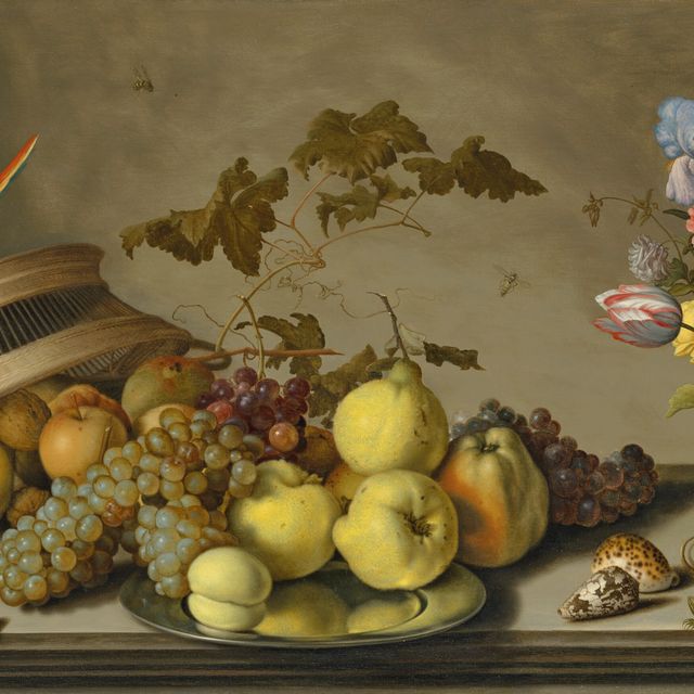 Balthasar Van Der Ast — Попугай в перевернутой корзине с фруктами, оловянной тарелкой, вазой с цветами, насекомыми, ящерицей и ракушками на каменном выступе