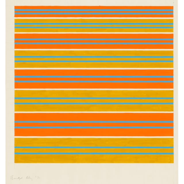 Bridget Riley — Синий на оранжевом и охряном фоне