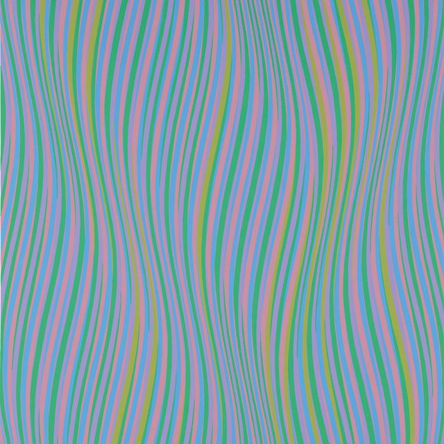 Bridget Riley — Серия 35. Добавлен оливковый цвет. Первые два цвета переплетены красным и синим. Вторые два цвета переплетены фиолетовым и зеленым. Обратная диагональ