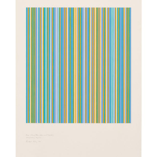 Bridget Riley — Три цвета (синий, желтый и бирюзовый) с выделением пурпурного