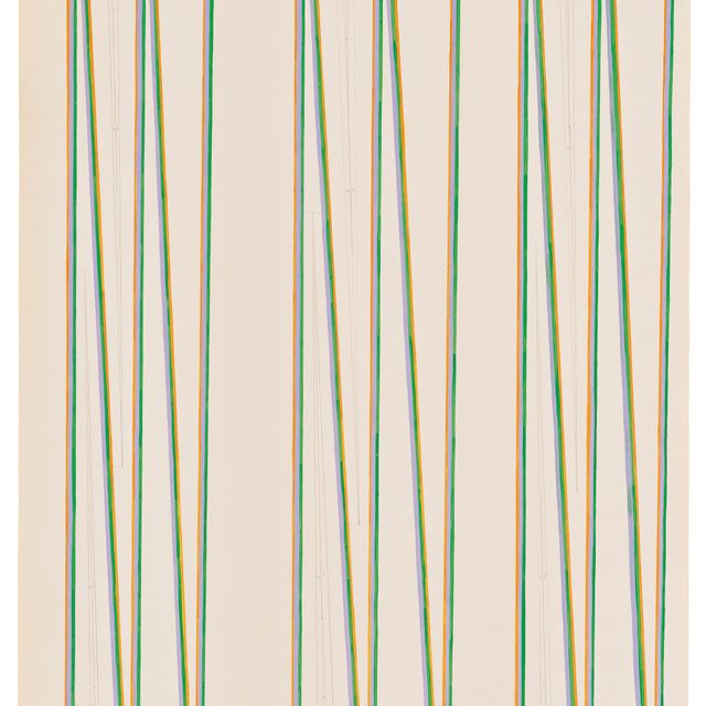 Bridget Riley — Оранжевый, фиолетовый и зеленый, вытянутый треугольник.