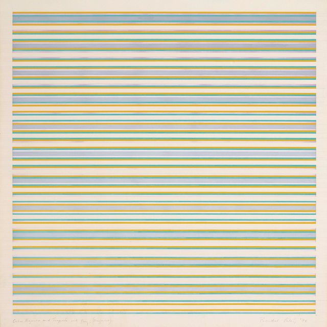 Bridget Riley — Охристый, пурпурный и бирюзовый с серым; (горизонтальный)
