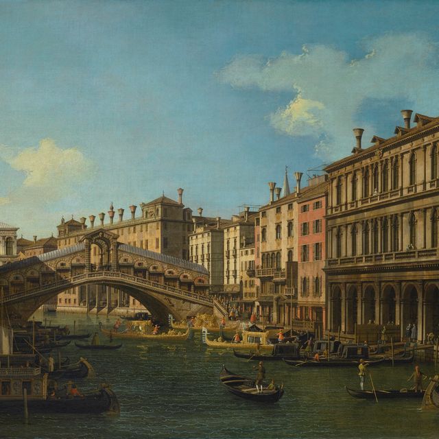 Canaletto — Мост Риальто, Венеция, с юга с посадкой на корабль, традиционно именуемый принцем Саксонским во время его визита в Венецию в 1740 году