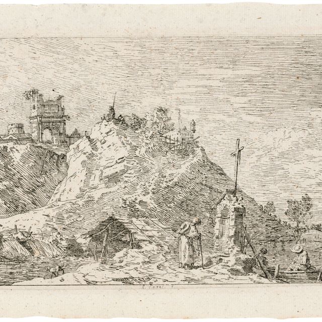 Canaletto — Пейзаж с молящимся пилигримом, автор: Ведуте алтре перед каналом Антонио и луоги алтре идеате.