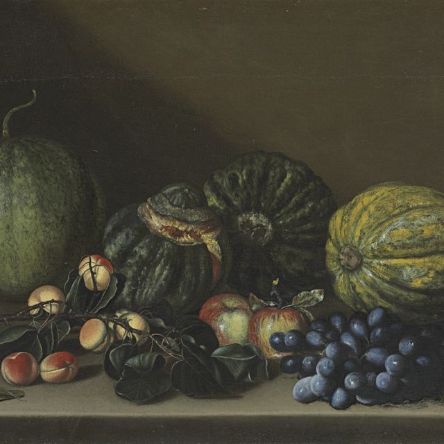 Caravaggio — Дыни, абрикосы, виноград и яблоки на каменном выступе
