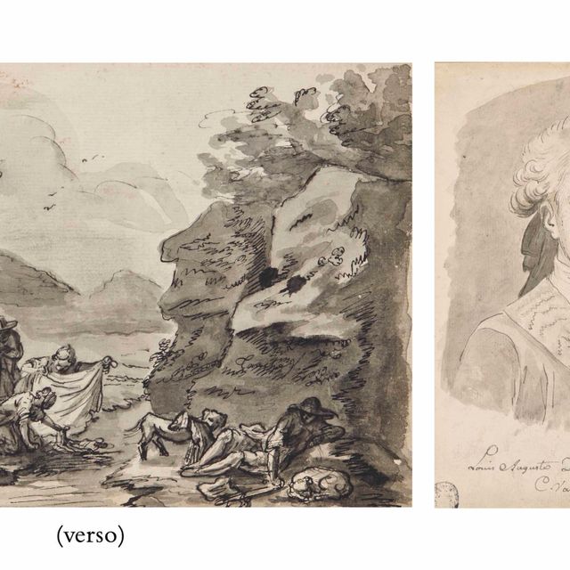 César — Портрет Луи Огюста Французского (1754-1793), дофина Франции и будущего Людовика XVI (справа), а также лавандиеров и хранителей сокровищ без оплаты (сзади)