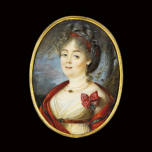 Charles White — Анна Александровна Обольянинова, урожденная Ермолаева (1754-1822), в белом платье, красном поясе, золотых ожерельях, красном палантине на плечах, красной ленте в зачесанных наверх волосах, со знаком Императорского российского ордена Святой Екатерины на левой стороне груди; на фоне неба и деревьев