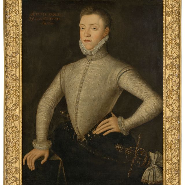 Charles White — Портрет Чарльза Стюарта, 5-го графа Леннокса (ок. 1556-1576), в три четверти роста, в белом камзоле с разрезом и черных бриджах