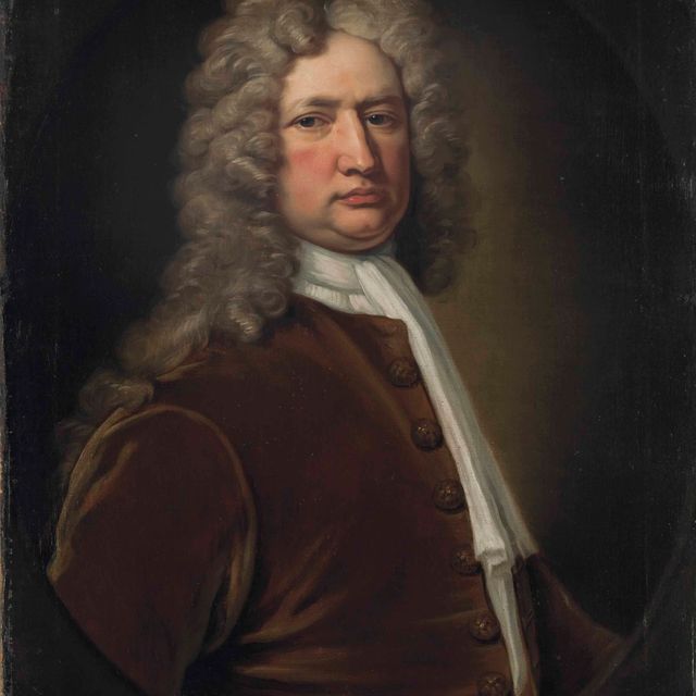 Charles White — Портрет адмирала сэра Чарльза Вейджера (1666-1751), во весь рост, в коричневом фраке и белом галстуке, в искусственном овальном обрамлении.