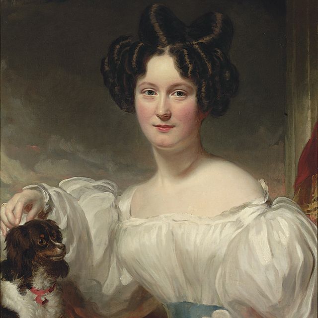 Charles White — Портрет Мэри Астон Уокер, урожденной Хоггарт (р.1809), в полный рост, в белом платье, с кинг Чарльз спаниелем