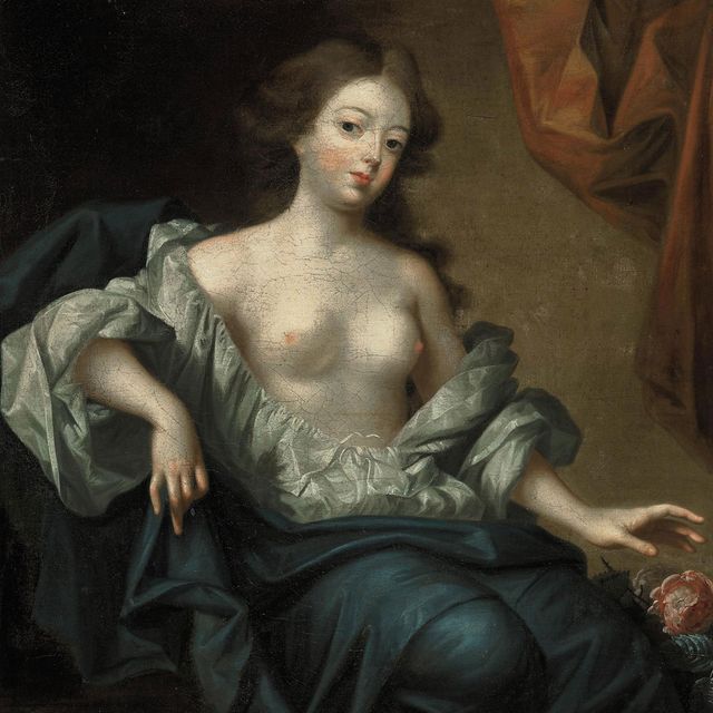 Charles White — Портрет Нелл Гвин (1650-1687), актрисы и любовницы короля Англии Карла II, в три четверти роста, сидящей, в белой сорочке и голубой накидке, с цветочным узором, с цветком