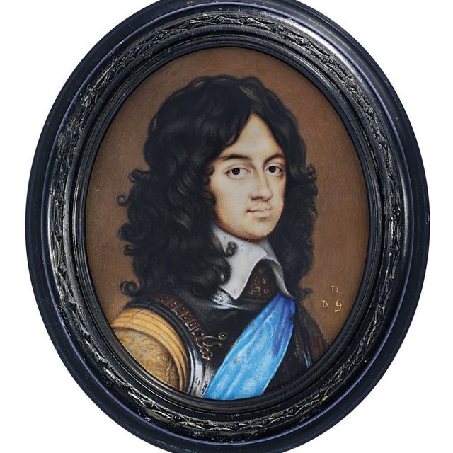 Charles White — Карл II (1630-1685), принц Уэльский, в стальной кирасе и горжете, камзоле из буйволовой кожи с узорчатыми рукавами, белом батистовом воротничке, с голубой лентой ордена Подвязки, с натуральными вьющимися каштановыми волосами