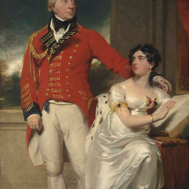 Charles White — Портрет генерала Албемарла Берти, 9-го графа Линдси (1744-1818) и его второй жены Шарлотты Сюзанны Элизабет (1780-1858), дочери преподобного Чарльза Питера Лейарда, декана Бристольского, в полный рост, он в военной форме, она в белом платье.