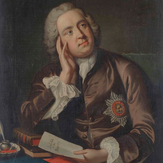 Charles White — Портрет сэра Чарльза Хэнбери Уильямса (1708-1759), в полный рост, в коричневом сюртуке и белой рубашке, со звездой ордена Бани, с письмом в левой руке, сидящего за письменным столом