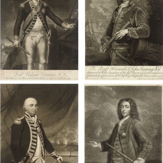 Charles White — Эдвард Вернон, вице-адмирал синий; сэр Чарльз Пари, Адмирал синий; Сэр Томас Харди, контр-адмирал синий; Достопочтенный Уильям Роули, вице-адмирал синий; сэр Эдуард Хоук, вице-адмирала белой эскадры; Достопочтенный Чарльз Стюарт, вице-адмирала белой эскадры; Достопочтенный Эдвард Боскавен, контр-адмирала белой эскадры; Томас Смит, Эсквайр, Вице-адмирал Белого; сэр Эдуард Хоук, Адмирал белой эскадры; сэр Джон лик, контр-адмирал; достопочтенного Генри Попурри Эсквайр, Контр-адмирал белой эскадры; лорд Джордж Ансон, Адмирал синий; Достопочтенный Адмирал Рассел, Джордж Лорд Эджкомб; сэр Джон Дженнингс, Адмирал белой эскадры; сэр Чалонер Огл, контр-адмирала синей эскадры; Джордж Ли Эсквайр, один из комиссаров лордов Адмиралтейства; лорд Джордж Ансон, Первого Лорда комиссара Адмиралтейства; Адмирал Вернон; Чарльз Сондерс Эсквайр, Вице-адмирал синий; Лорд Виконт Дункан, Адмирал синий; сэр Уильям Бартли, адмирал; лорд Хью Сеймур, вице-адмирал синий; Джеймс Хокинс Whitshed Эсквайр, Контр-адмирал Белый; капитан Ригби; сэр Чарльз Сэкстон; сэр Джордж рук, вице-адмирал; лорд Гамбье; капитан Джордж Дафф; сэр Гайд Паркер, капитан "Феникса"; капитан Джон Эльфинстон; Достопочтенный Лорд Коллингвуд, вице-адмирал Красного; капитан Джон Эльфинстон Эсквайр.; Джон граф Сент-Винсент, Адмирал Красного; достопочтенного Джорджа Дугласа; Шарль Морис полюса, Адмирал Красного; сэр Джордж Мюррей, вице-адмирал красного; и Сэр Ричард Кинг, вице-адмирал Красного