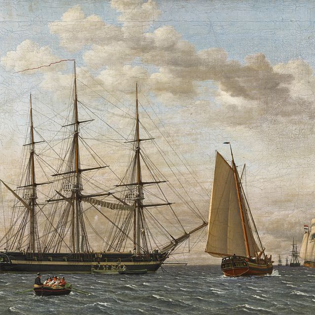 Christoffer Wilhelm Eckersberg — Вид на город Хельсингор, мед-ан-Данск, Корветы до Анкерса, самт Ногле и Андре катаются на лыжах под водой до Анкерса (Вид на юг с рейда Эльсинора с датским корветом на якоре и более мелкими судами, одни под парусами, другие на якоре).